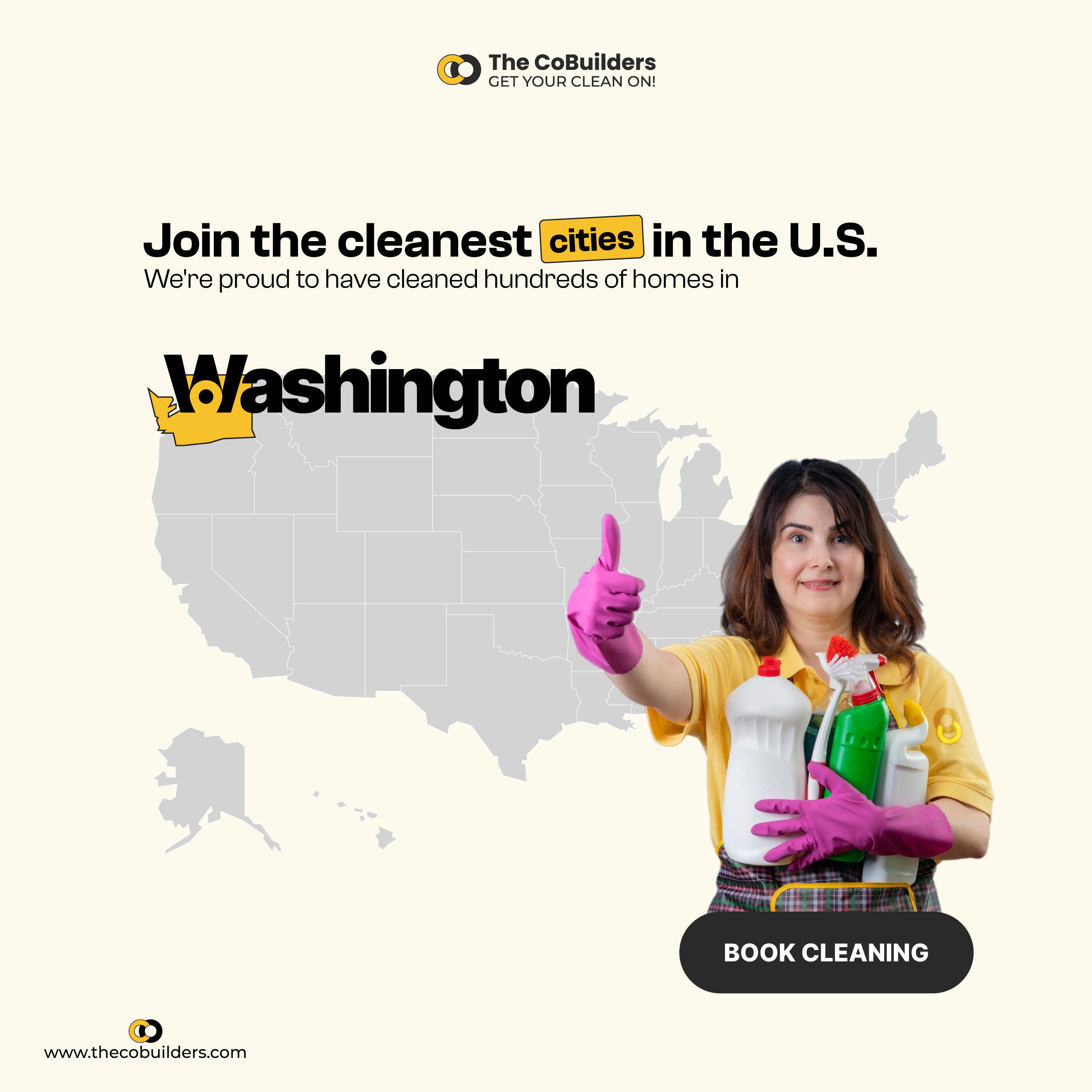 the cobuilders cleaner in front of the map of washington state