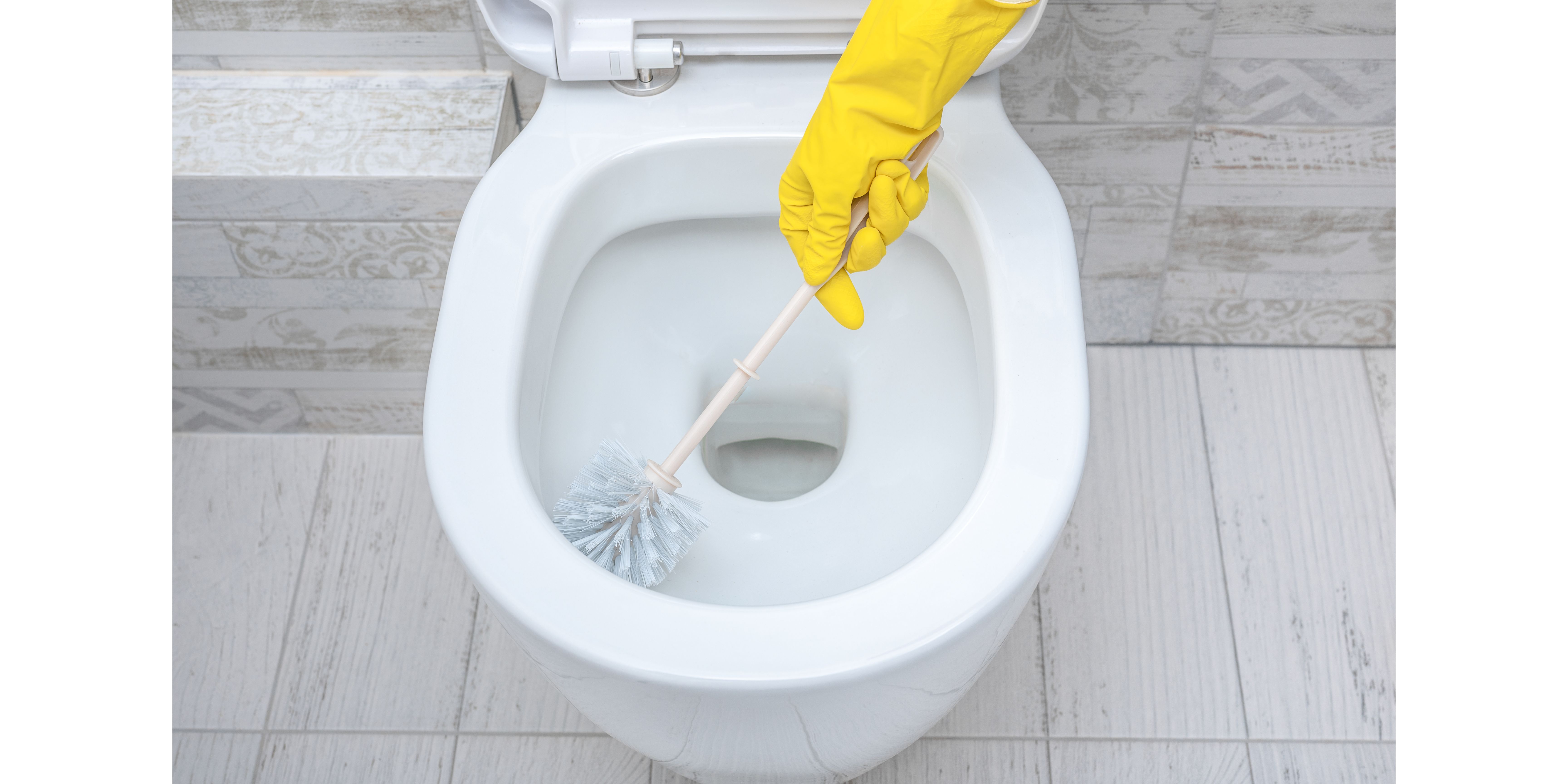 scrubbing a toilet bowl