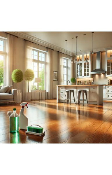 A clean, modern, and empty apartment with polished wooden floors, sparkling windows, and a pristine kitchen, showcasing the results of professional move-out cleaning.