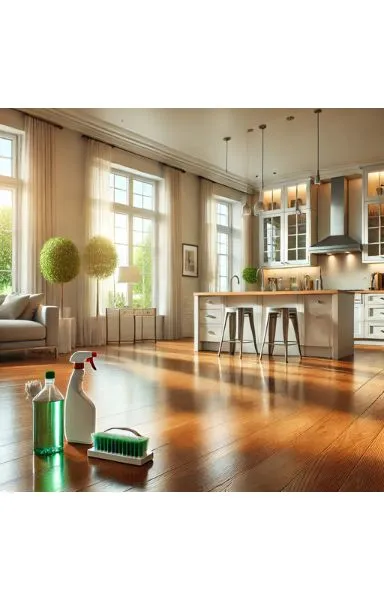 A clean, modern, and empty apartment with polished wooden floors, sparkling windows, and a pristine kitchen, showcasing the results of professional move-out cleaning.