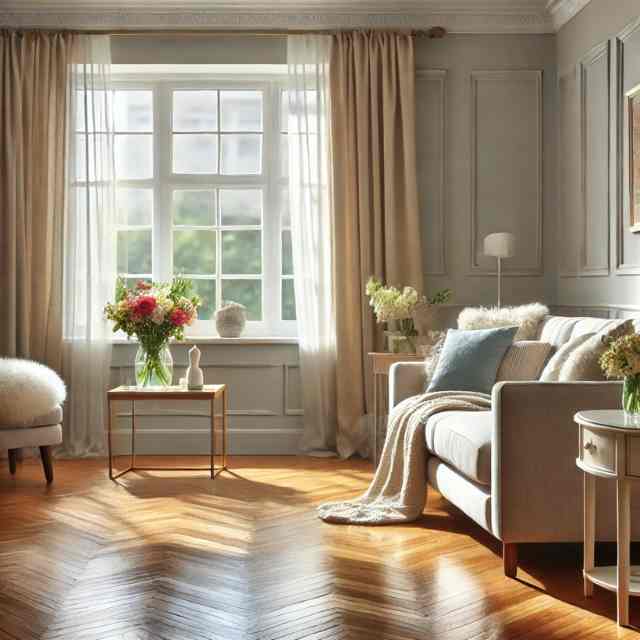 Cozy, clean living room with polished floors, a tidy sofa, fresh flowers, and sunlight streaming through the windows after professional house cleaning.