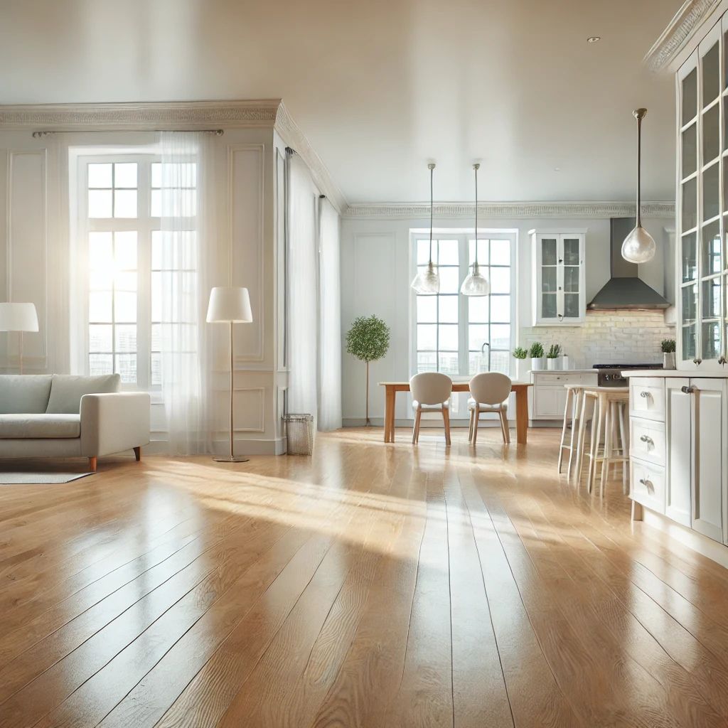 An empty, spotless home with polished hardwood floors, white walls, and sparkling kitchen appliances after professional move-out house cleaning.