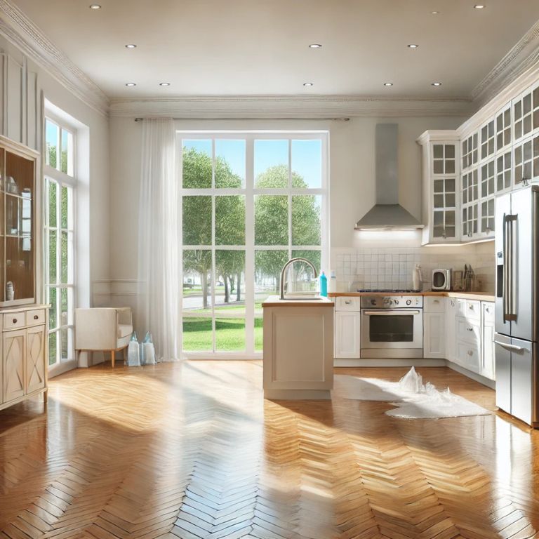 An empty, freshly cleaned home with shiny wooden floors, pristine white walls, and sparkling kitchen appliances after professional move-out house cleaning.