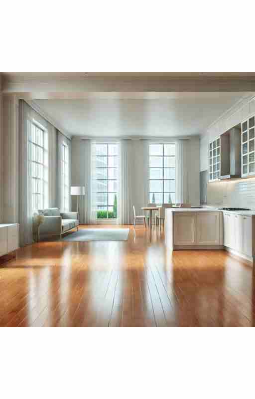 An empty house with polished hardwood floors, spotless white walls, and a bright kitchen after professional move-out cleaning.