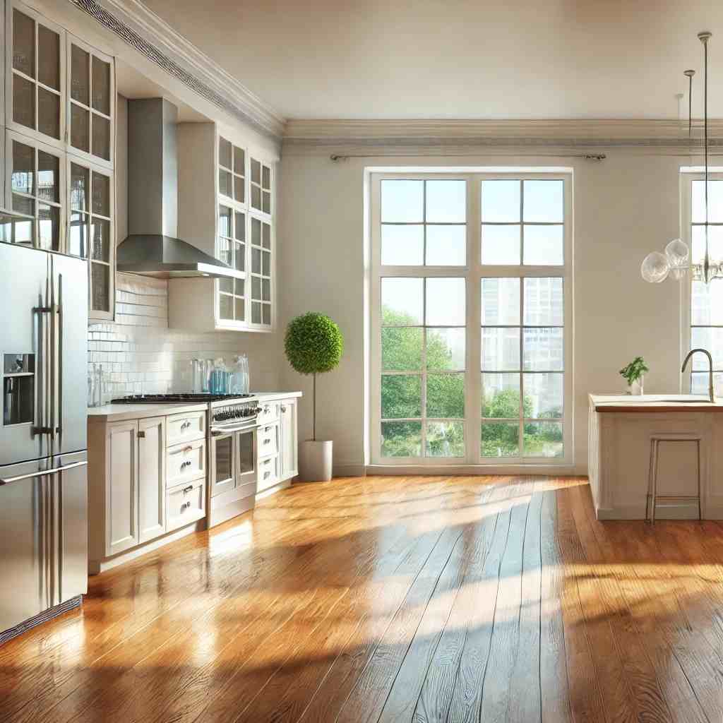 A realistic, empty home with polished wooden floors, white walls, and a clean kitchen after professional move-out cleaning.