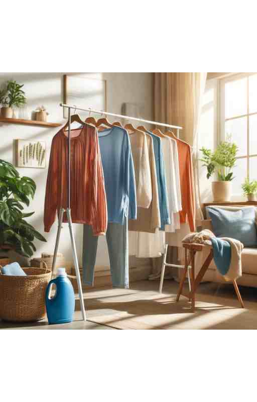 Freshly laundered clothes hanging on a drying rack indoors, bathed in natural sunlight, with a cozy and static-free atmosphere