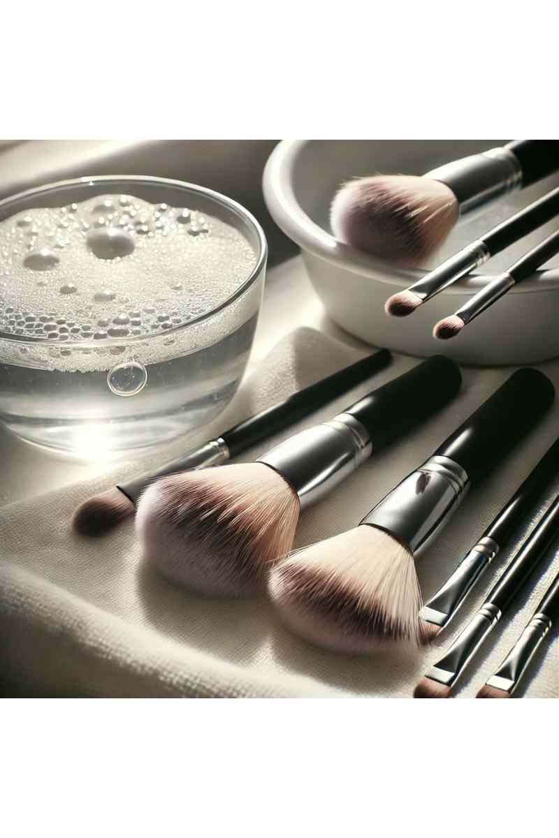 Makeup brushes arranged on a white towel next to a bowl of soapy water, emphasizing cleanliness and care during the cleaning process