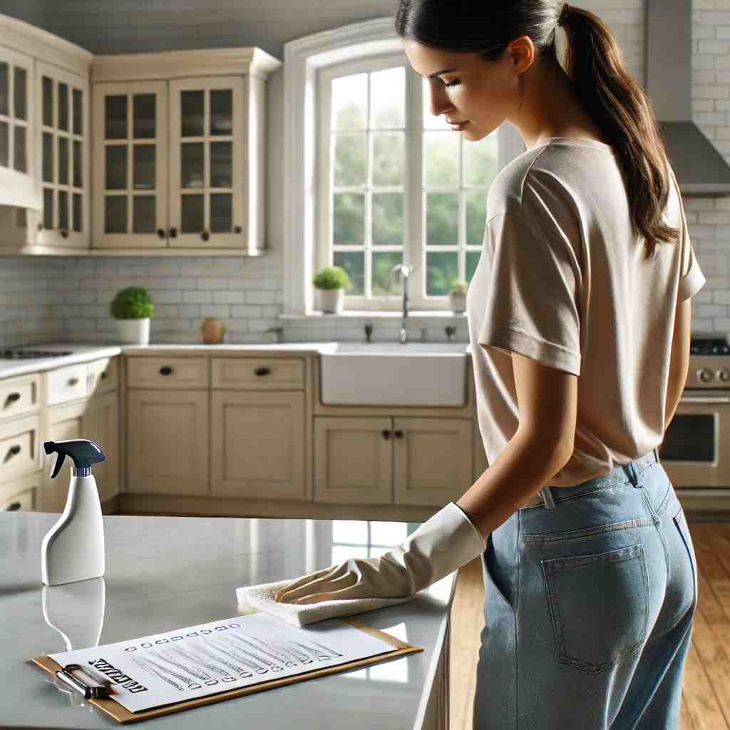 A woman cleaning a bright, empty house during move-out, wiping down a countertop with a checklist on the counter symbolizing an organized cleaning process