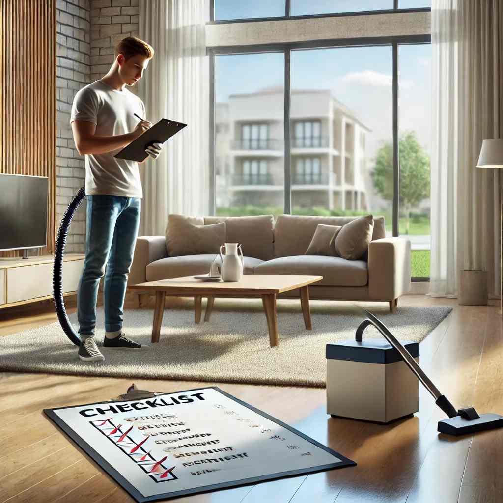 A man vacuuming a clean and modern living room during move-in cleaning, with a checklist on the coffee table symbolizing organized preparation