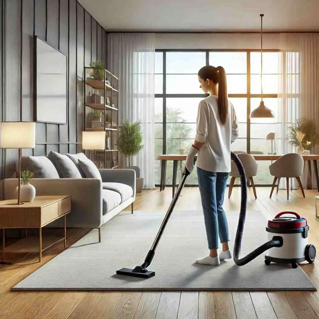 A woman vacuuming an empty living room during a move-out cleaning process, in a modern and well-lit space with large windows