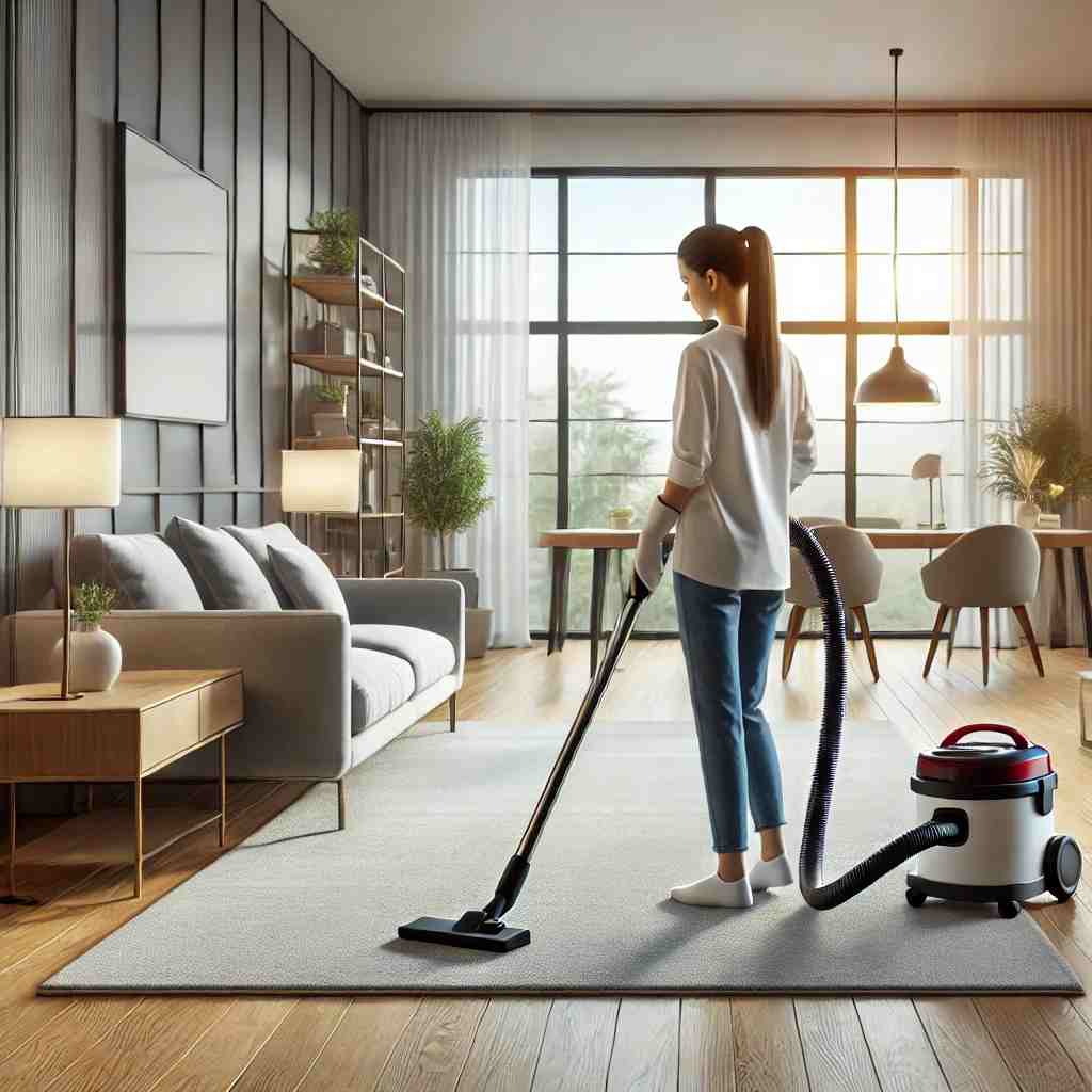 A woman vacuuming an empty living room during a move-out cleaning process, in a modern and well-lit space with large windows