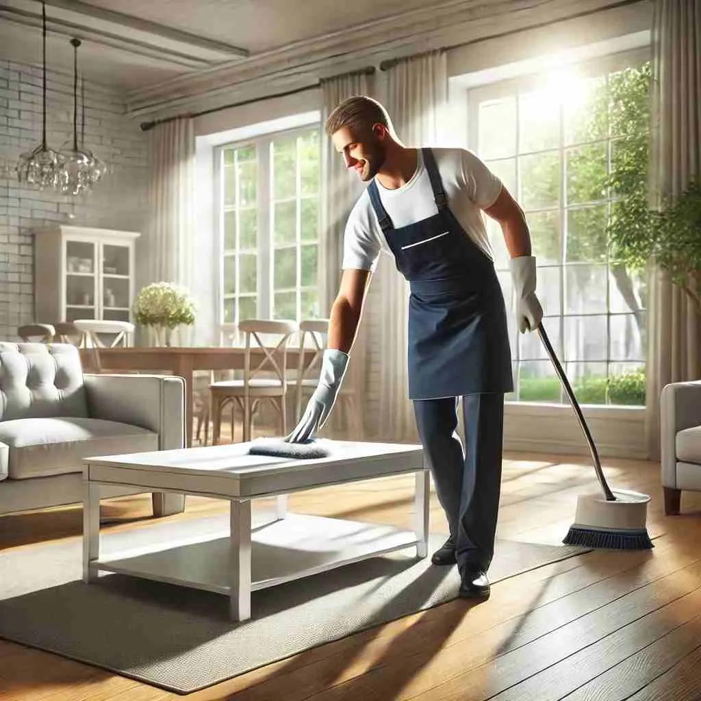 A professional cleaner dusting a table in a bright and modern living room, with polished floors, large windows, and neat furnishings emphasizing cleanliness