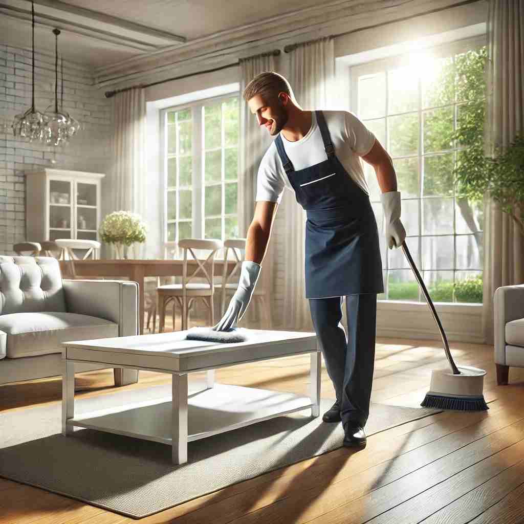 A professional cleaner dusting a table in a bright and modern living room, with polished floors, large windows, and neat furnishings emphasizing cleanliness