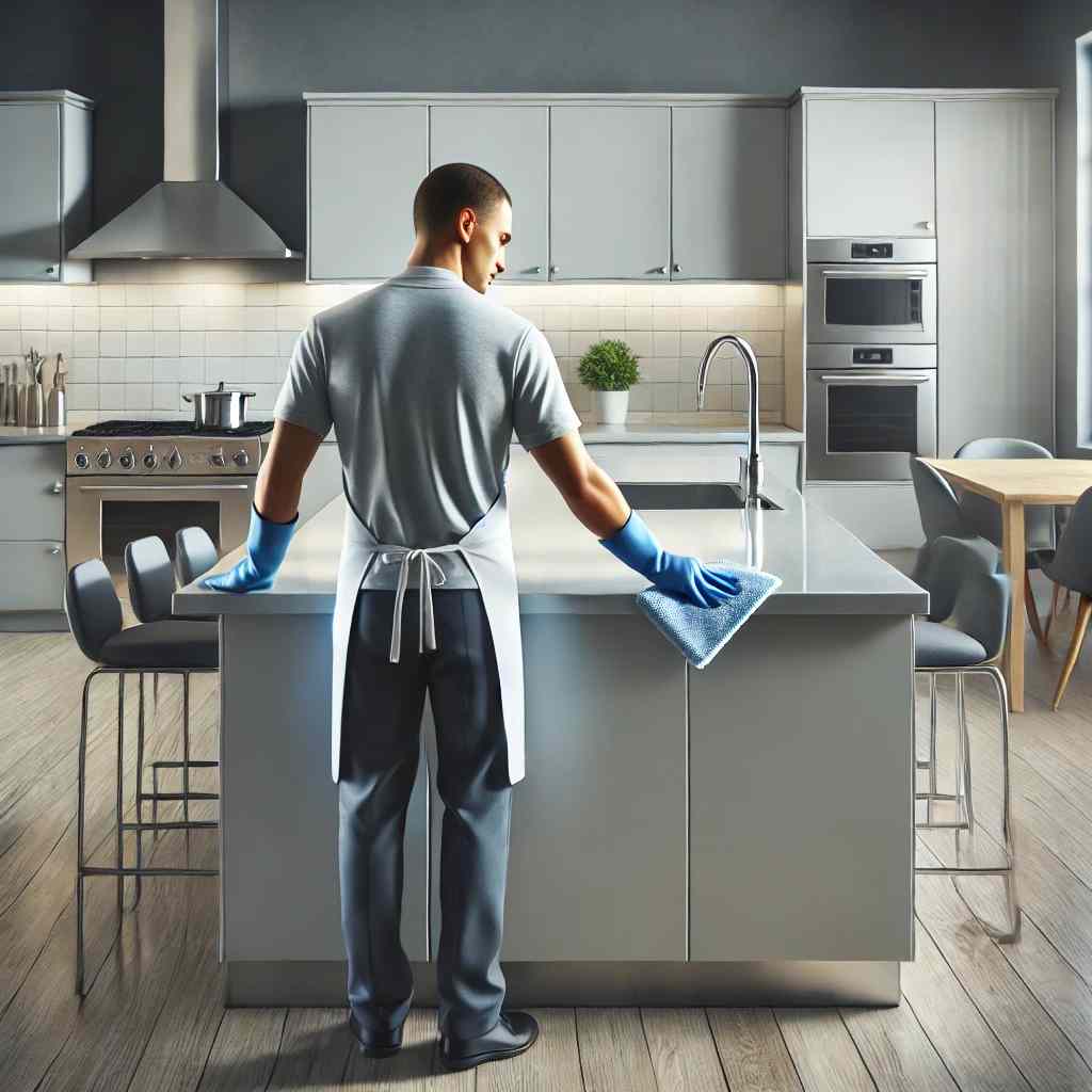 A professional cleaner wiping down a kitchen countertop during a move-out cleaning process in a modern, empty kitchen with stainless steel appliances.