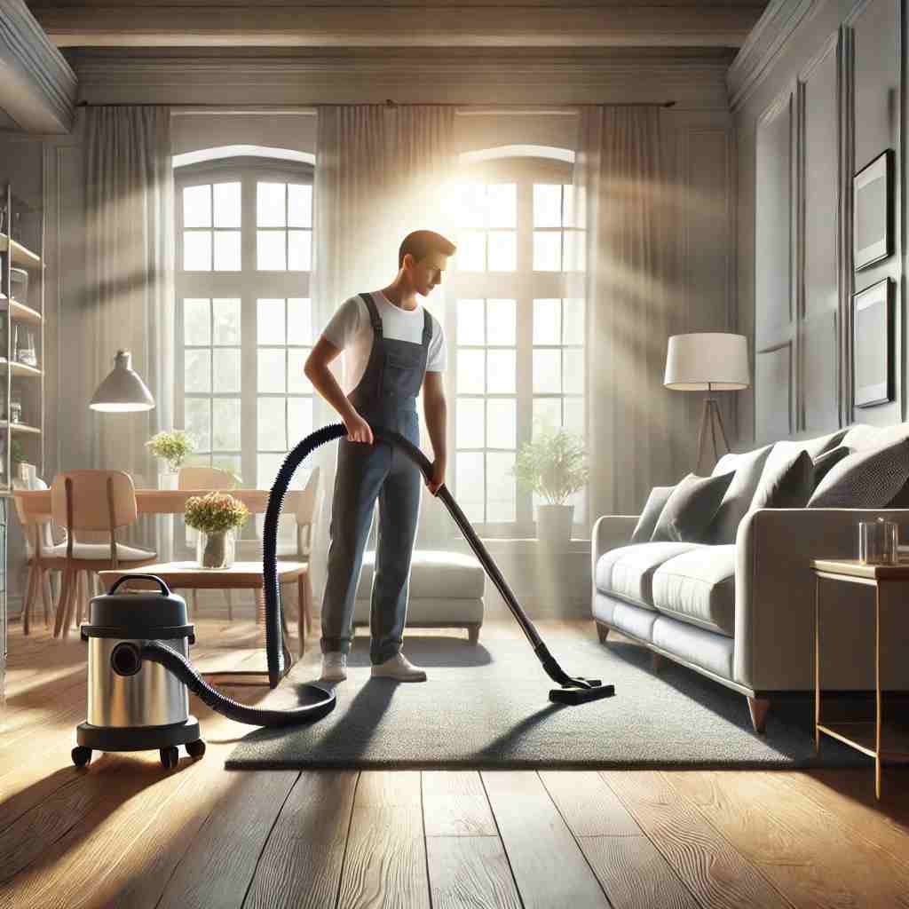 A professional cleaner vacuuming a cozy, modern living room with sunlight streaming through large windows, highlighting a clean and inviting atmosphere.