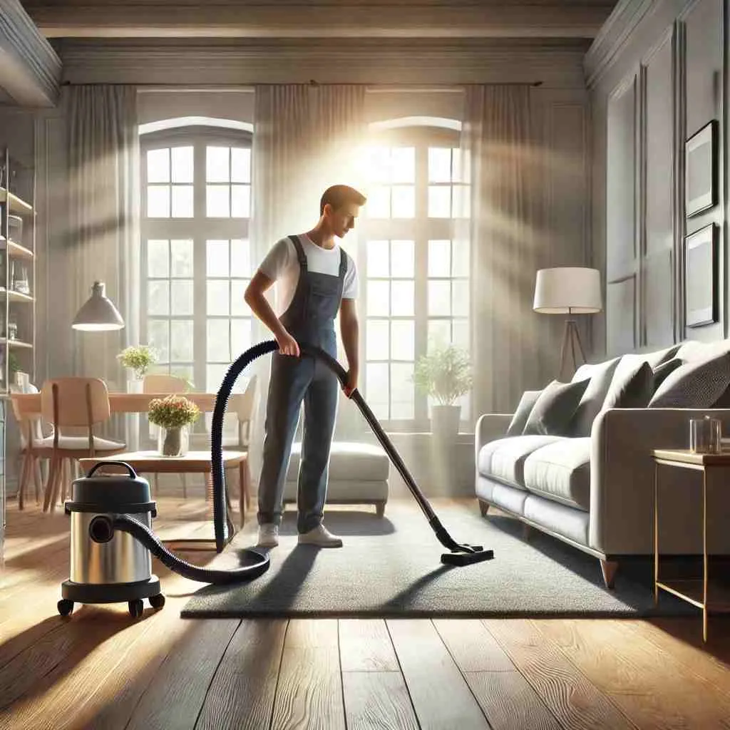 A professional cleaner vacuuming a cozy, modern living room with sunlight streaming through large windows, highlighting a clean and inviting atmosphere.