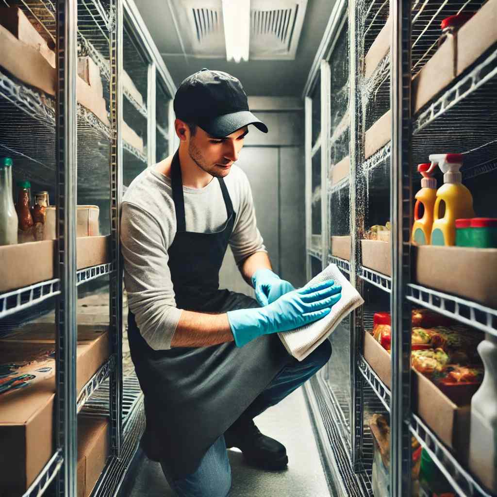 A professional cleaner sanitizing shelves inside a walk-in cooler, ensuring cleanliness and hygiene with neatly organized food items
