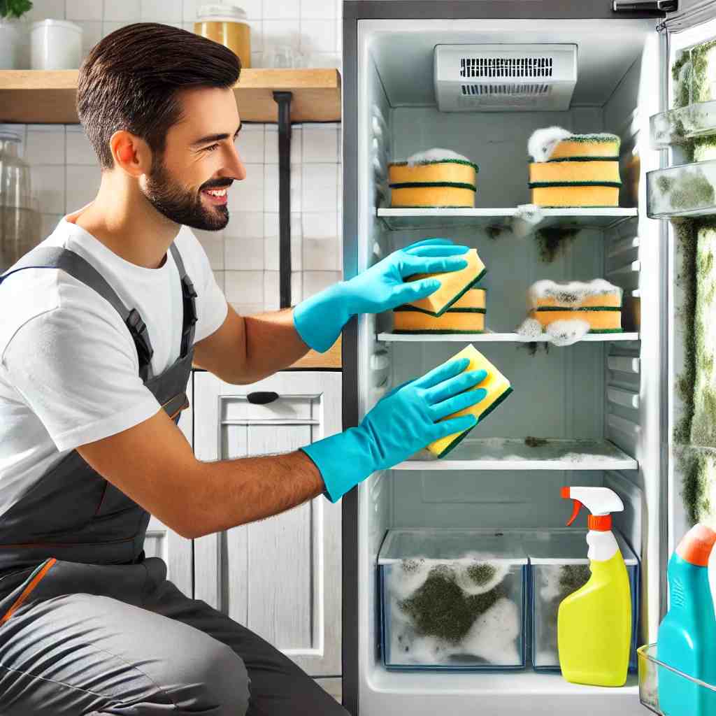 A professional cleaner wearing gloves scrubbing the shelves inside a refrigerator to remove mold, with eco-friendly cleaning supplies visible nearby.