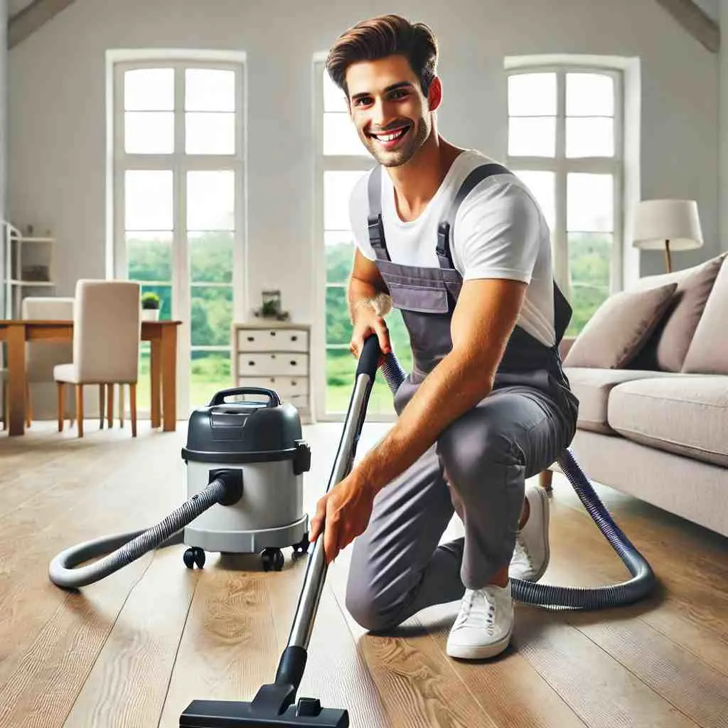 A professional male cleaner vacuuming a living room in an empty house during a move-out cleaning service, highlighting professionalism and cleanliness.