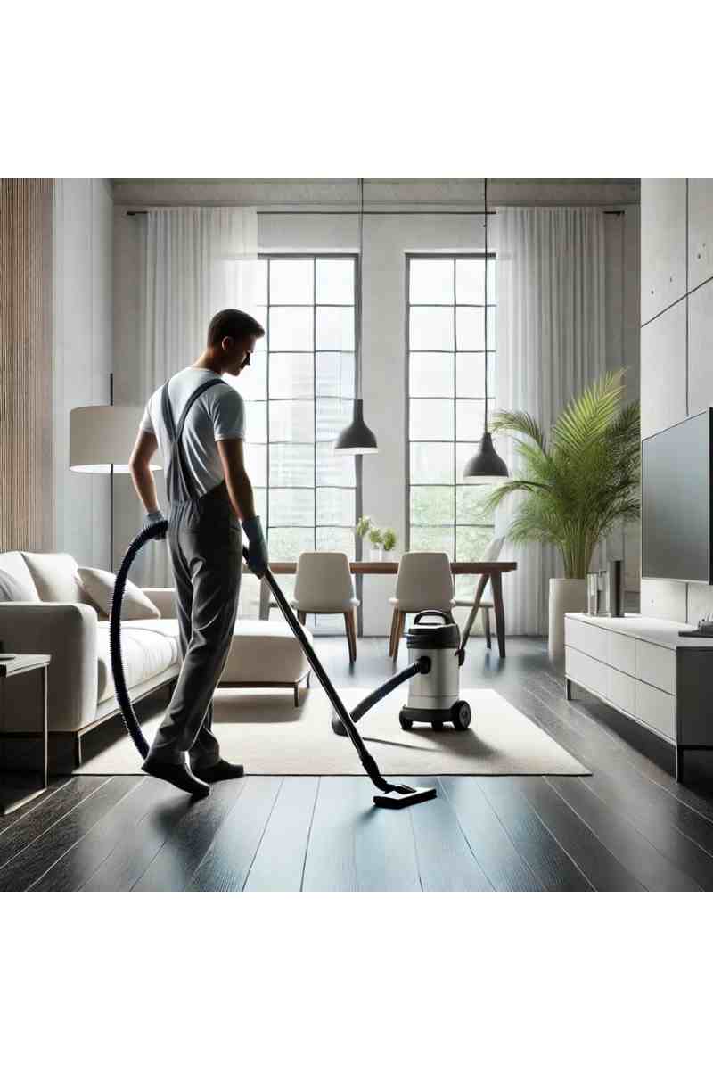 A professional cleaner vacuuming the floor in a modern, bright living room with large windows and minimal furniture, emphasizing cleanliness and professionalism.
