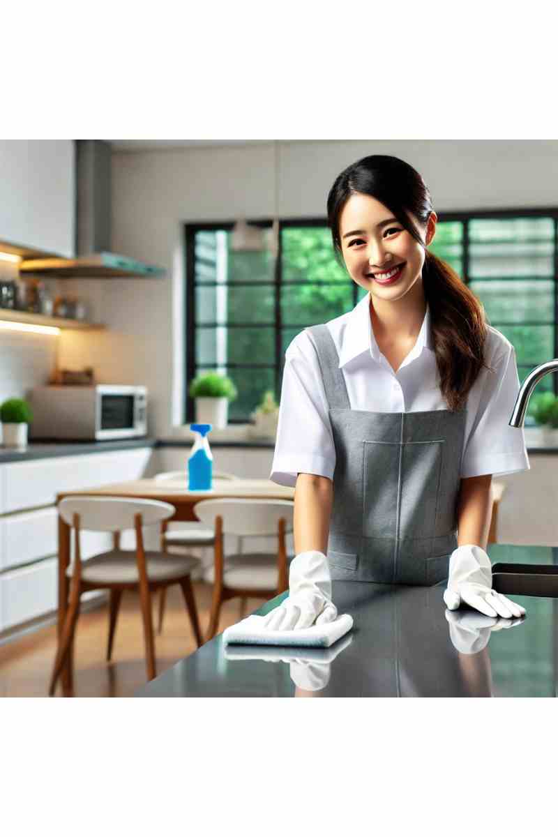 A professional female cleaner wiping down a kitchen counter in a modern home, with polished surfaces and a bright, welcoming atmosphere