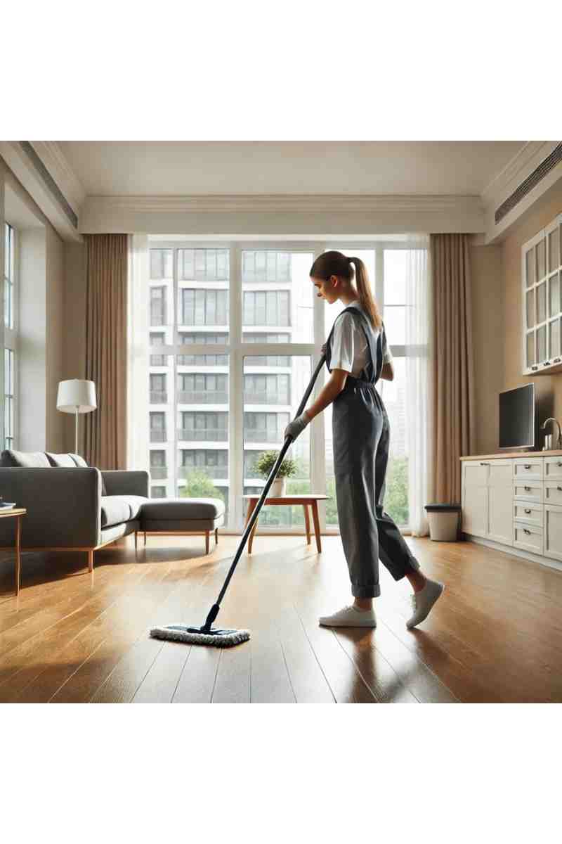A professional female cleaner mopping the floor in an empty, bright living room during a move-out cleaning session, with natural light and polished wooden floors