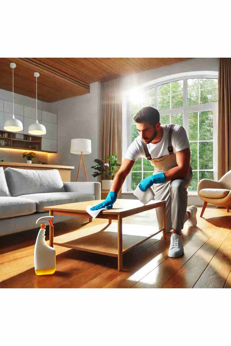A professional male cleaner wiping a coffee table in a bright, modern living room with polished wooden floors and large windows, highlighting cleanliness and professionalism
