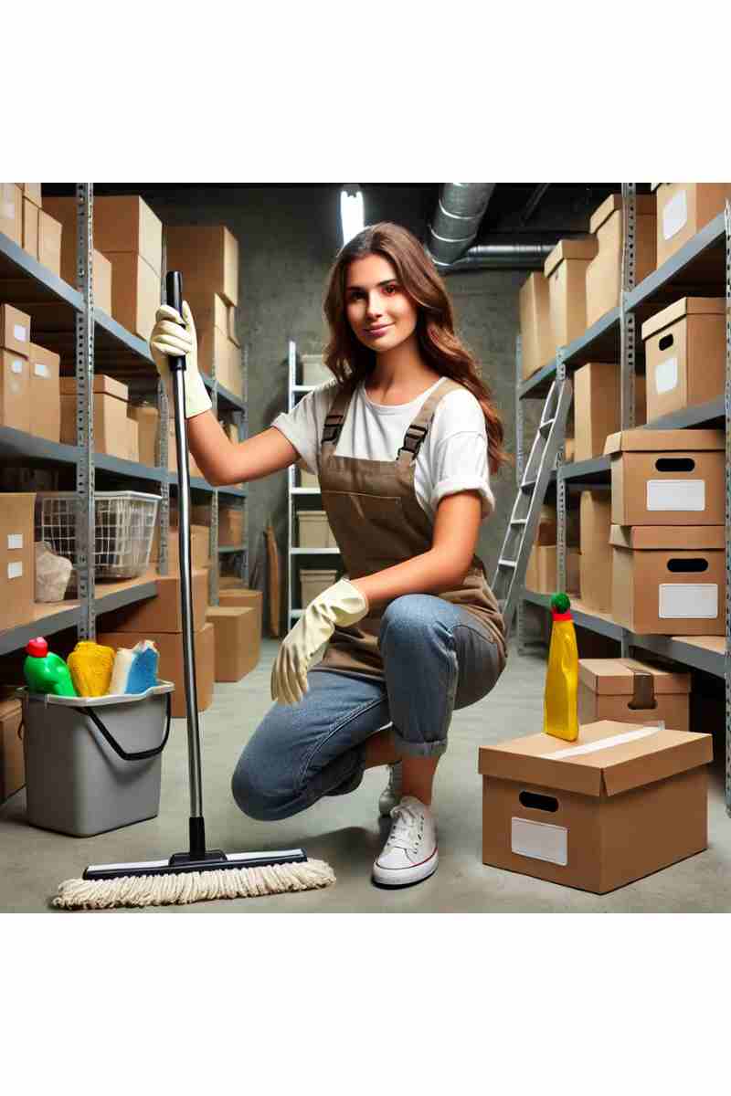 A professional cleaner organizing boxes and mopping the floor in a clean and organized basement with neatly stored bins and bright lighting