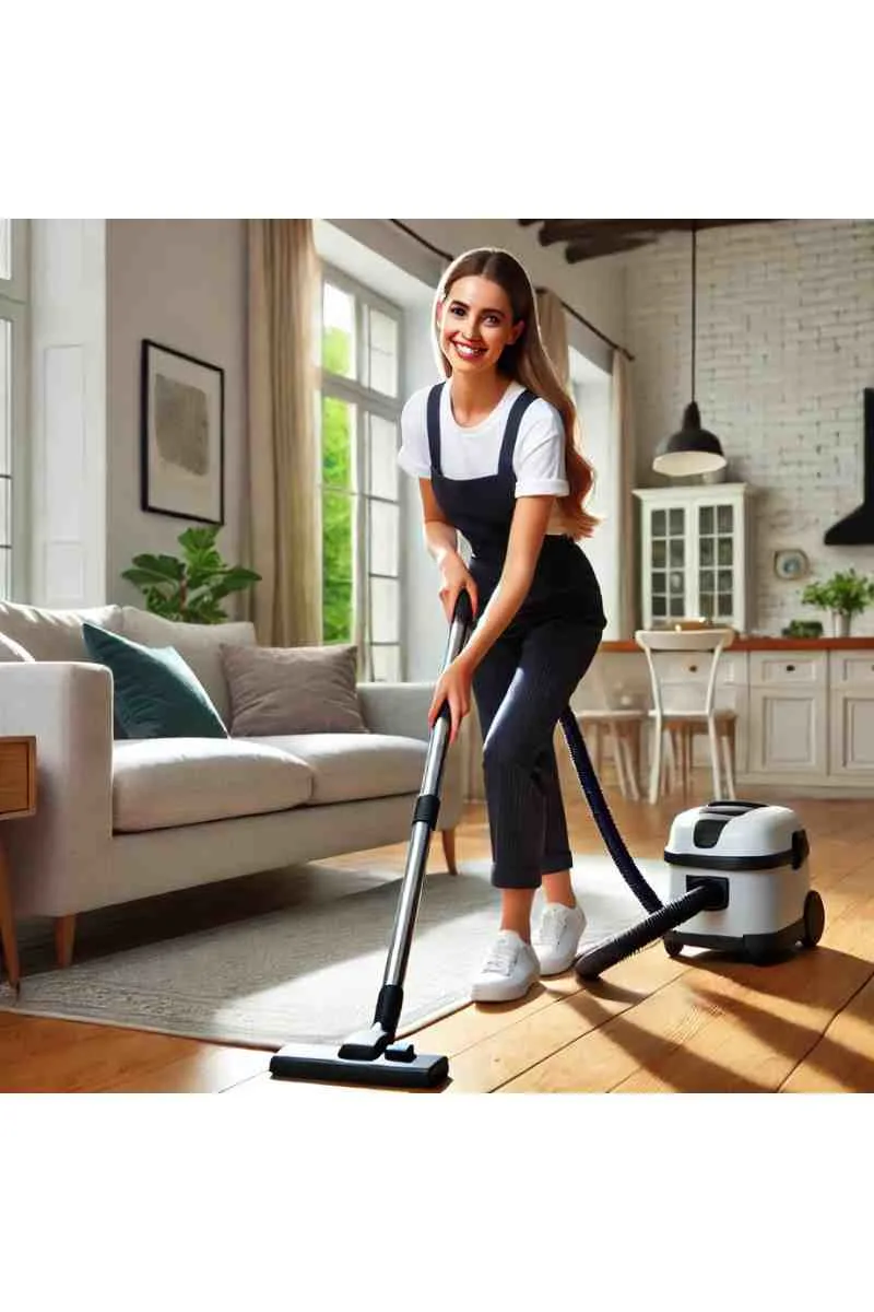 A professional female cleaner vacuuming the floor 
