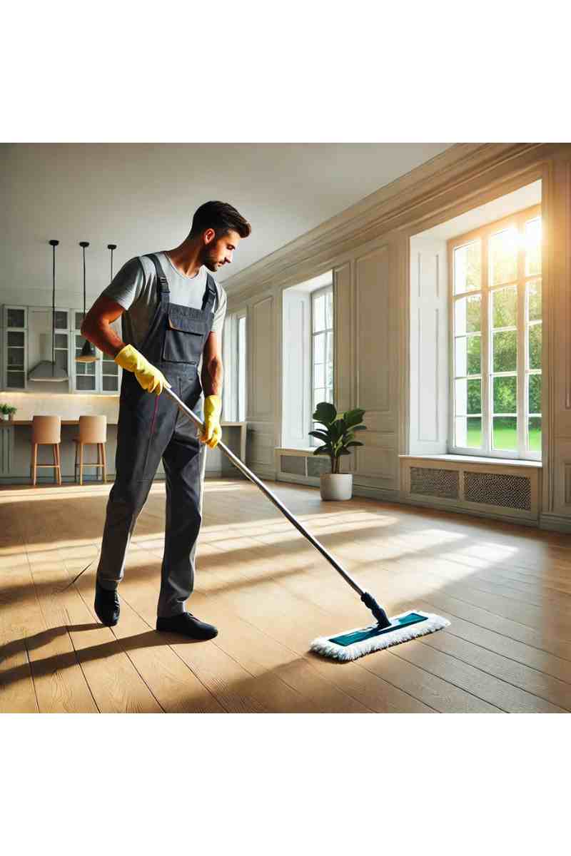 A professional male cleaner mopping a hardwood floor in an empty house during a move-out cleaning session, with bright natural light and a spotless atmosphere