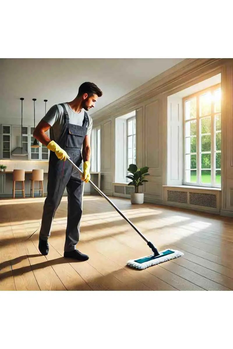 A professional male cleaner mopping a hardwood floor in an empty house during a move-out cleaning session, with bright natural light and a spotless atmosphere
