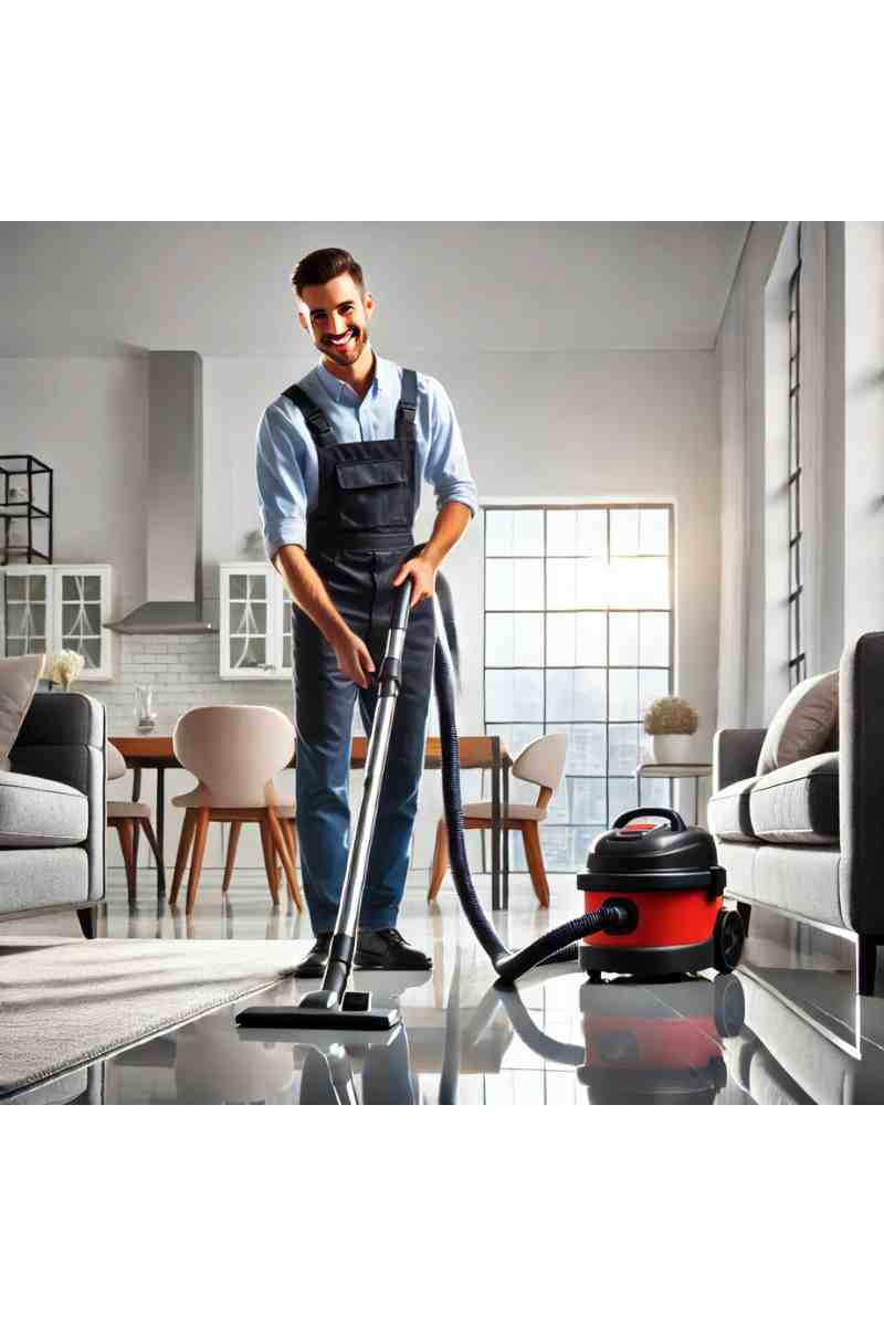 A professional cleaner vacuuming the floor in a modern living room with polished surfaces, natural light, and neatly arranged furniture, emphasizing cleanliness and professionalism