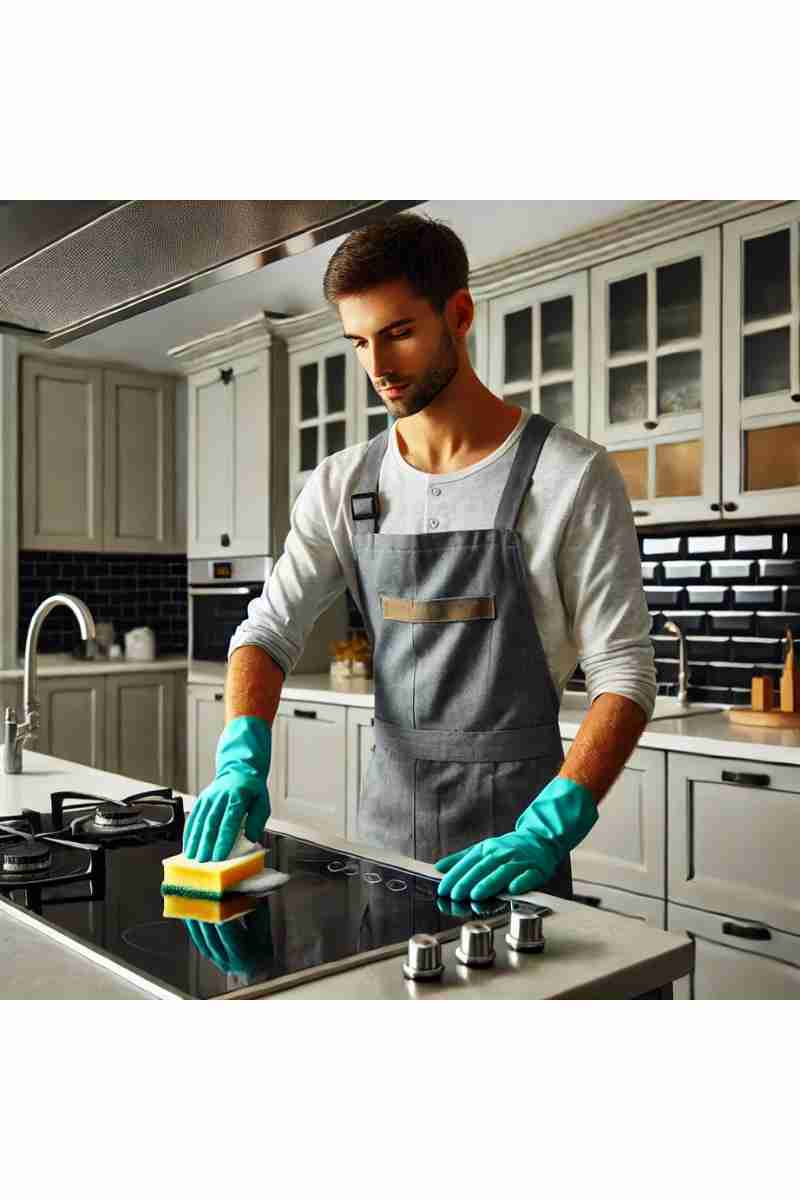 A professional cleaner wiping down a stovetop in a modern kitchen with stainless steel appliances and bright natural light, highlighting cleanliness and professionalism