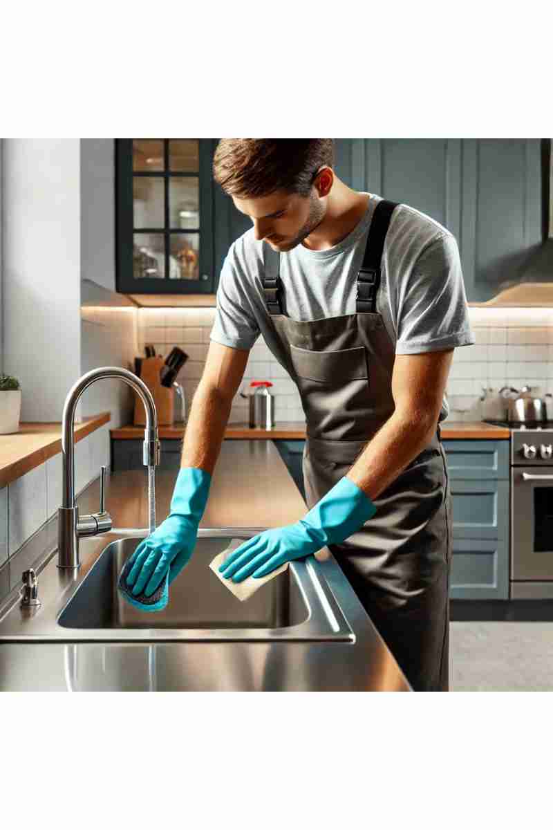 A professional cleaner scrubbing a stainless steel sink in a modern kitchen with polished countertops and stainless steel appliances, highlighting cleanliness and professionalism