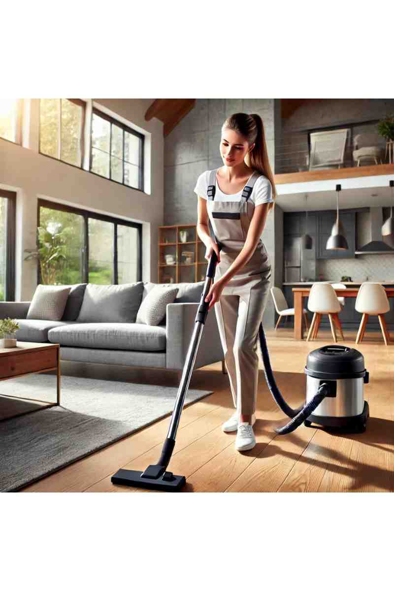 A professional female cleaner vacuuming a modern living room in a Hayward, CA home with polished wooden floors, stylish furniture, and bright natural light