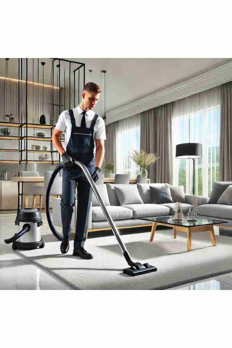 A professional cleaner vacuuming the carpet in a modern, brightly lit living room with polished furniture and natural light streaming through large windows, emphasizing cleanliness and professionalism