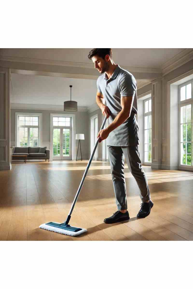 A professional male cleaner mopping the floor in an empty, well-lit house with polished hardwood floors and large windows, highlighting cleanliness and professionalism