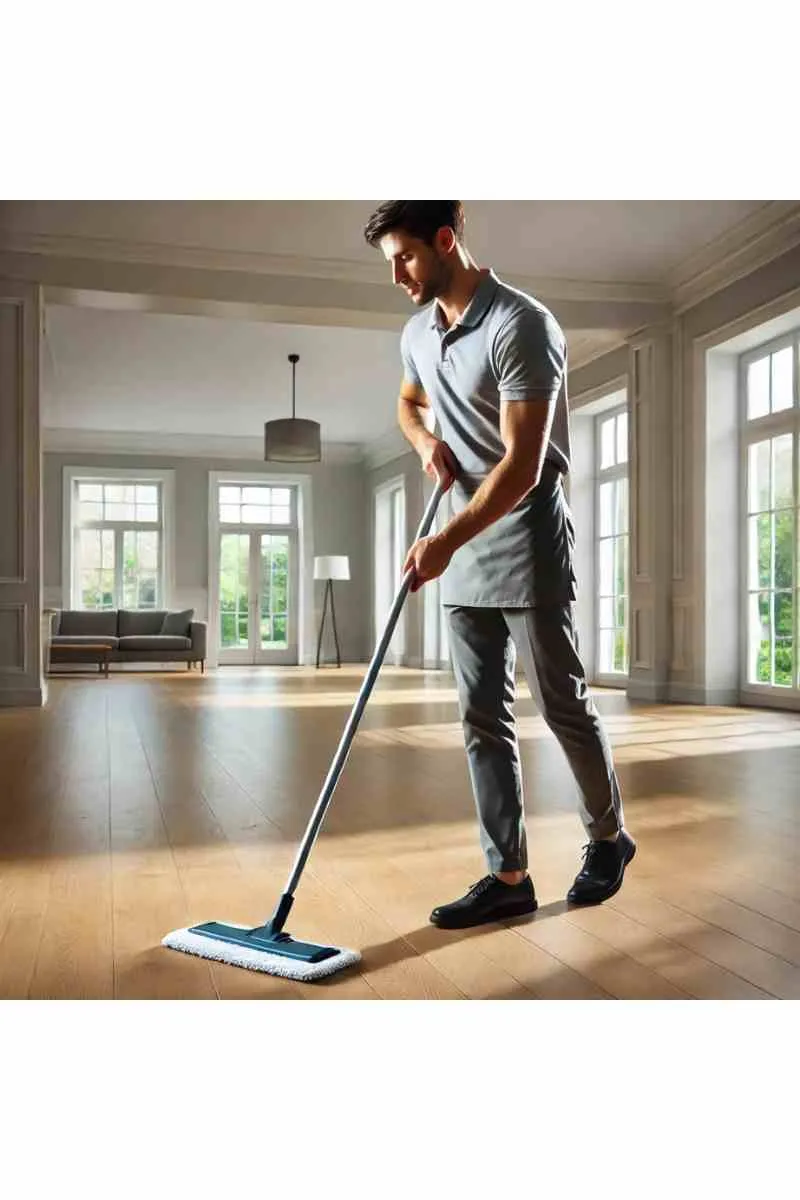 A professional male cleaner mopping the floor in an empty, well-lit house with polished hardwood floors and large windows, highlighting cleanliness and professionalism