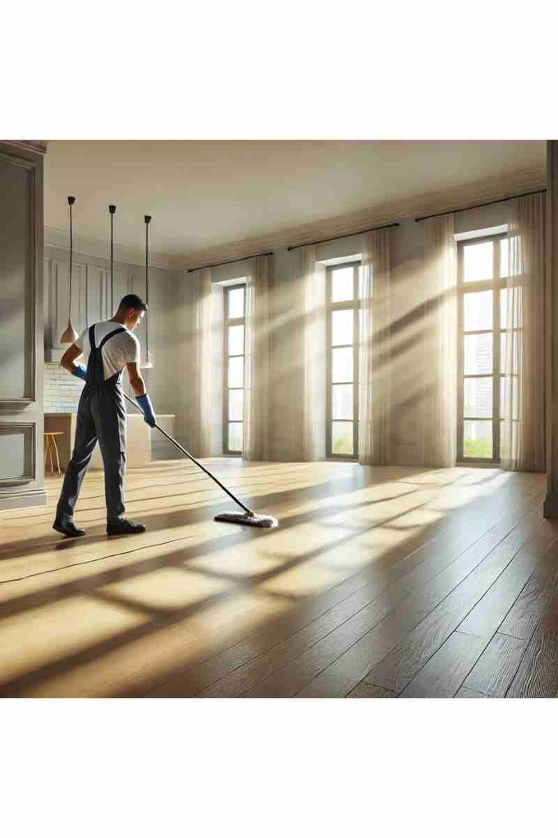 A professional cleaner mopping the floor in an empty, modern home with polished hardwood floors and bright natural light, emphasizing cleanliness and professionalism