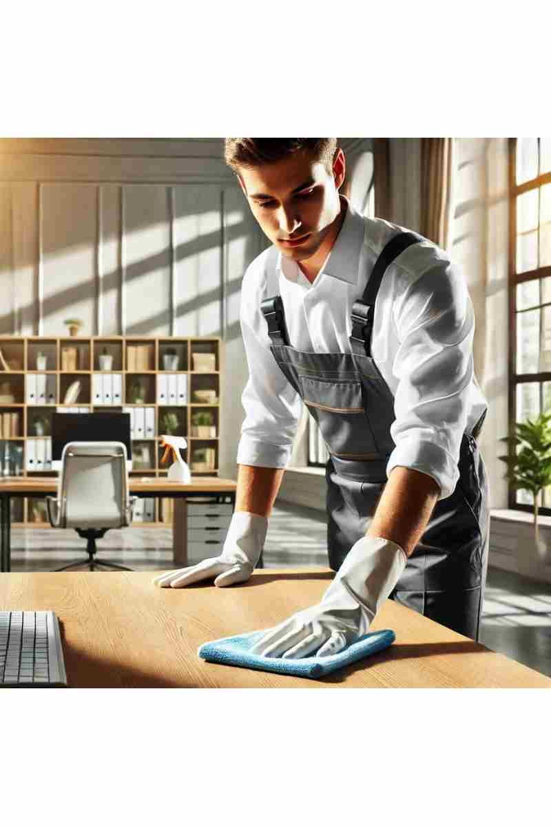A professional cleaner wiping down a desk in a clean, modern office space with organized shelves and natural light streaming through large windows, highlighting professionalism and attention to detail