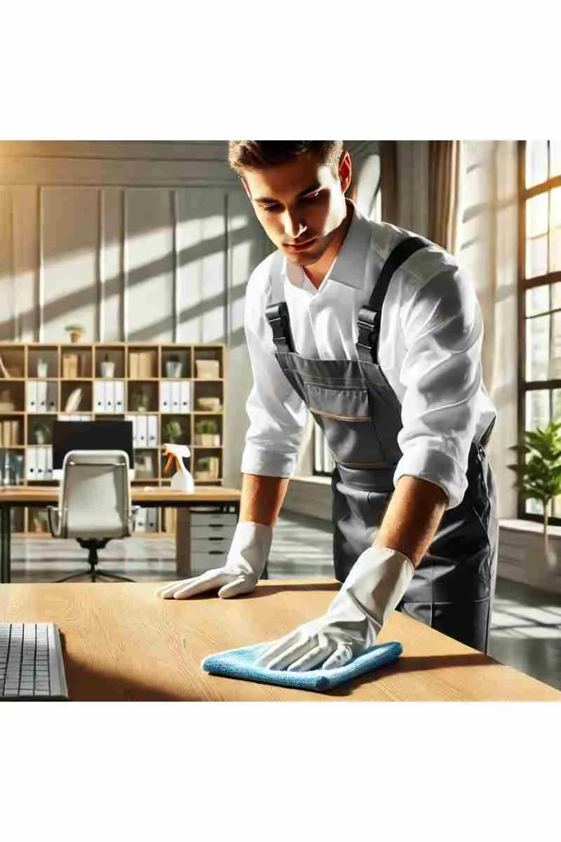 A professional cleaner wiping down a desk in a clean, modern office space with organized shelves and natural light streaming through large windows, highlighting professionalism and attention to detail