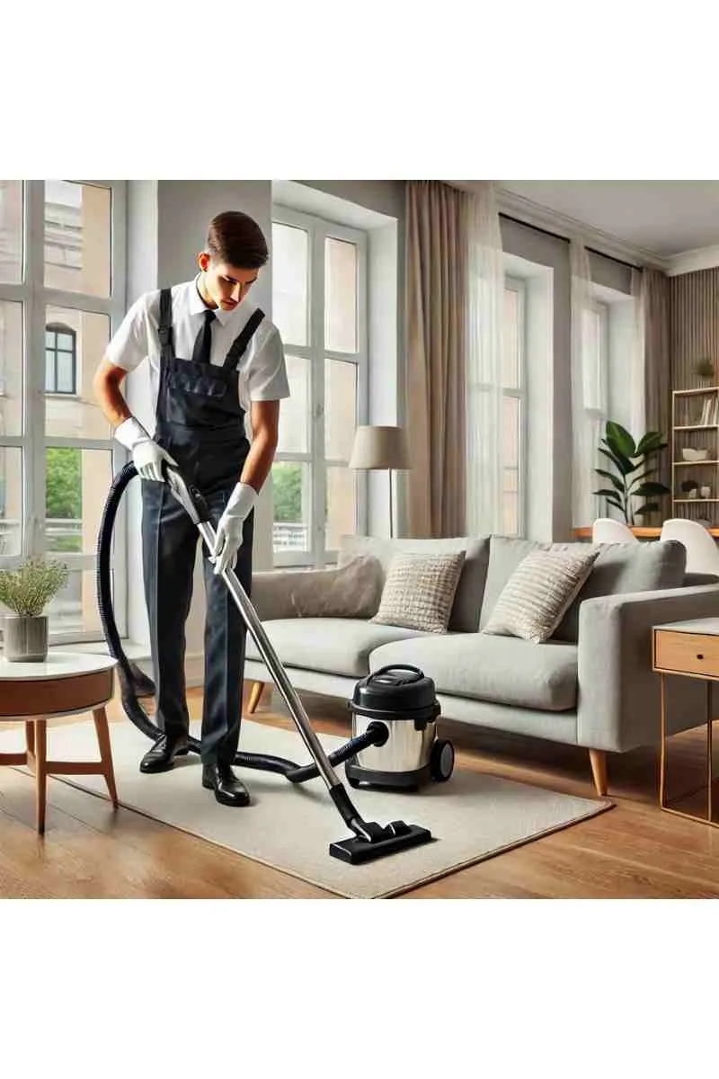A professional cleaner vacuuming the floor in a modern apartment living room with a stylish sofa, coffee table, and large windows, emphasizing cleanliness and professionalism