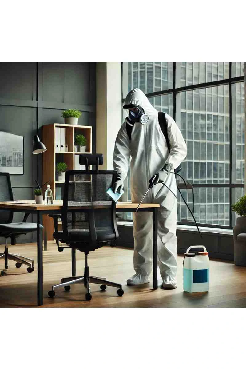 A professional cleaner in full protective gear (PPE) sanitizing a modern office space, disinfecting a desk and chair with a spray bottle and cloth, emphasizing cleanliness, safety, and professionalism