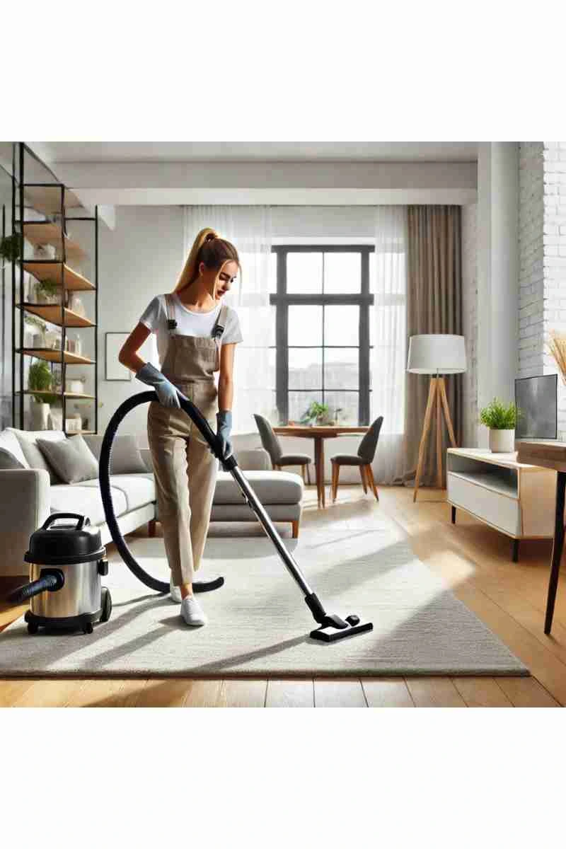 A professional female cleaner vacuuming the carpet in a bright, modern living room with large windows, natural light, and stylish furniture, highlighting professionalism and cleanliness.