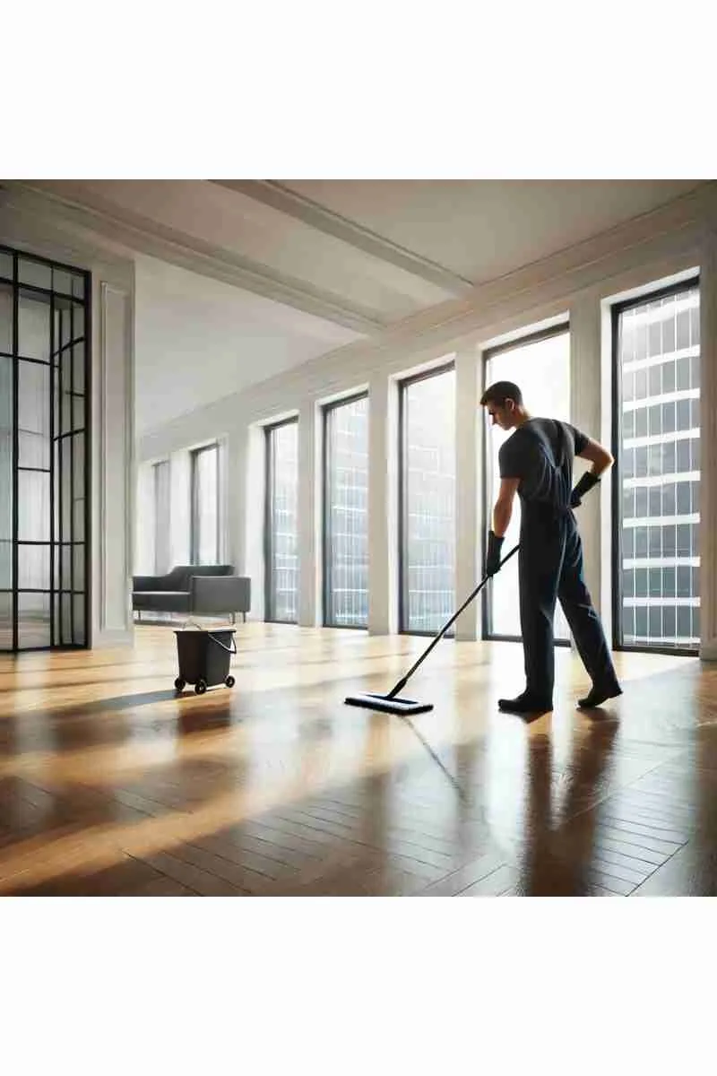 A professional cleaner mopping the hardwood floor of an empty, modern apartment with clean white walls, polished wooden floors, and large windows with natural light streaming in, highlighting cleanliness and professionalism