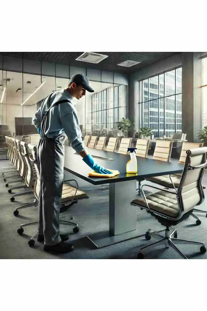 A professional cleaner wiping down a large conference table in a modern corporate office with glass partitions, large windows, and natural light, emphasizing cleanliness, professionalism, and attention to detail