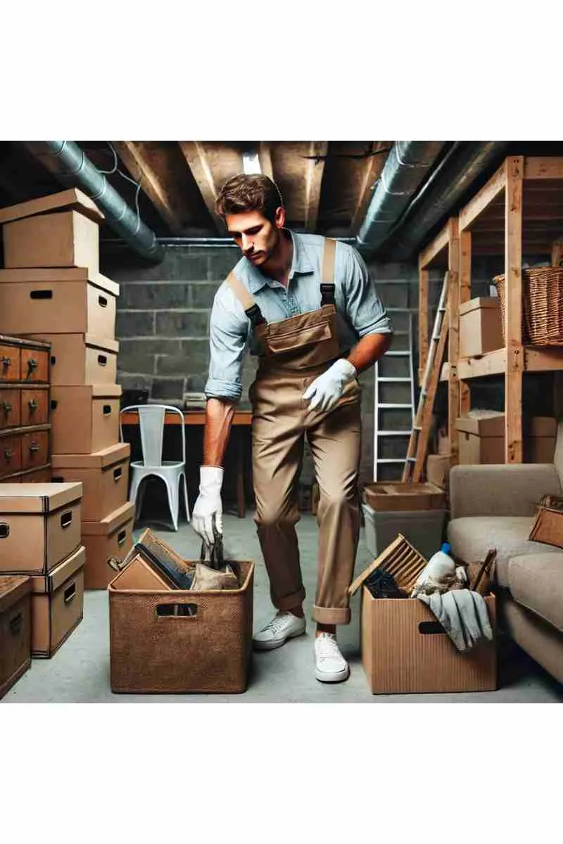 A professional cleaner in a basement wearing gloves and a uniform, sorting and removing clutter like old boxes and furniture, emphasizing cleaning, decluttering, and organization