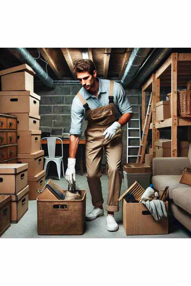 A professional cleaner in a basement wearing gloves and a uniform, sorting and removing clutter like old boxes and furniture, emphasizing cleaning, decluttering, and organization