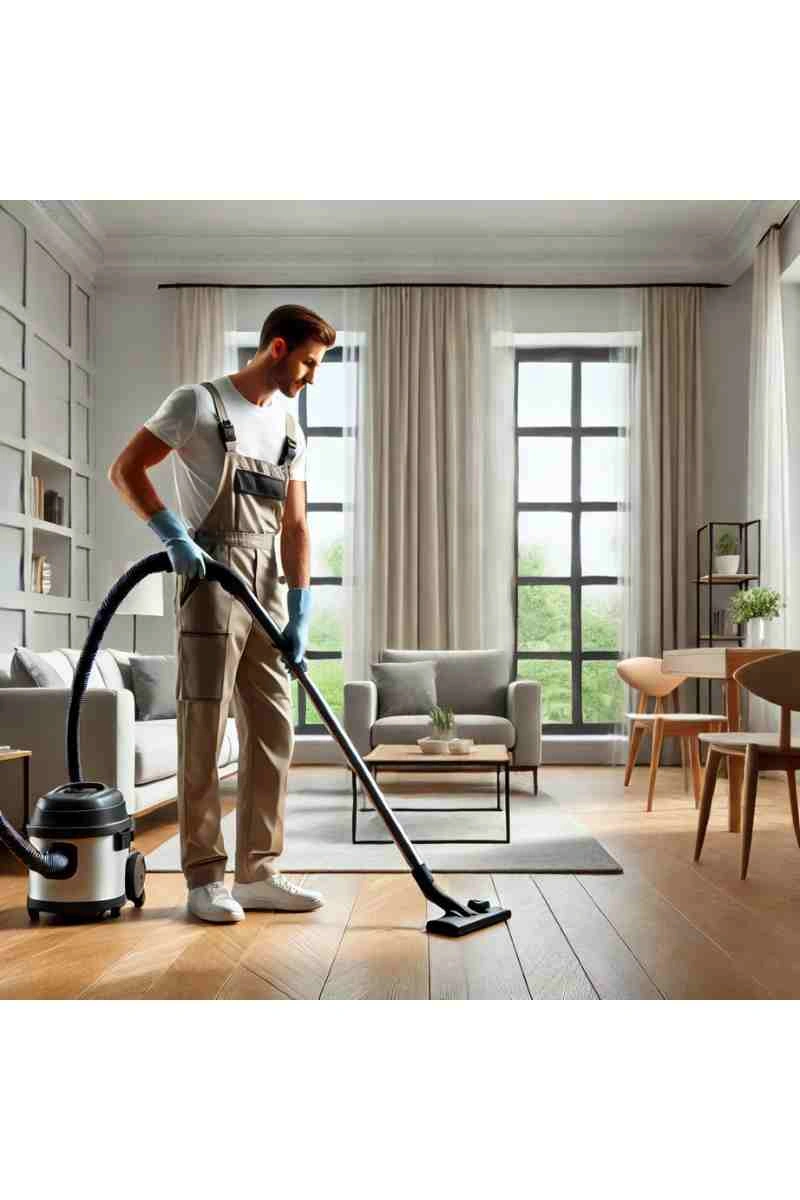 A professional cleaner vacuuming a modern living room with large windows, natural light, stylish furniture, and polished wooden floors, emphasizing cleanliness and professionalism