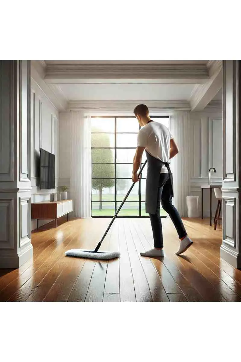 A professional cleaner mopping the hardwood floor of an empty, modern apartment with clean white walls, polished wooden floors, and large windows, highlighting cleanliness, professionalism, and freshness